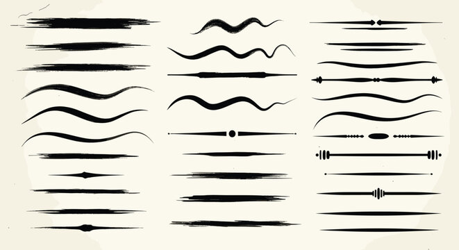 A versatile collection of black ink brush strokes, unique text dividers, and decorative flourish lines providing a dynamic range of grunge and handdrawn accents for graphic design and