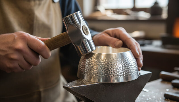 Traditional silversmithing planishing process with steel hammer on sterling silver bowl