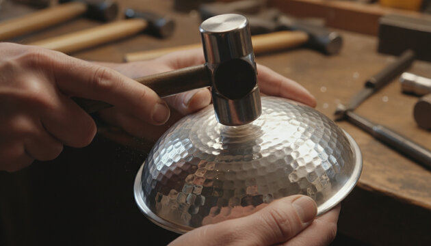 Traditional silversmithing planishing process with steel hammer on sterling silver bowl