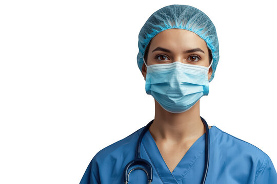 Female doctor or nurse, wearing protective medical gear, posing confidently with a stethoscope, transparent background