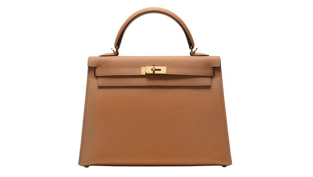 Elegant tan leather handbag with gold-tone hardware and structured silhouette, isolated on transparent background for luxury fashion branding
