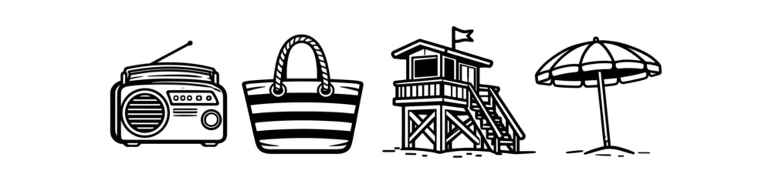 Beach items icon set. radio, striped beach bag, lifeguard tower, seaside umbrella. summer, seaside, travel, vacation, relaxation. line and flat vector illustration.