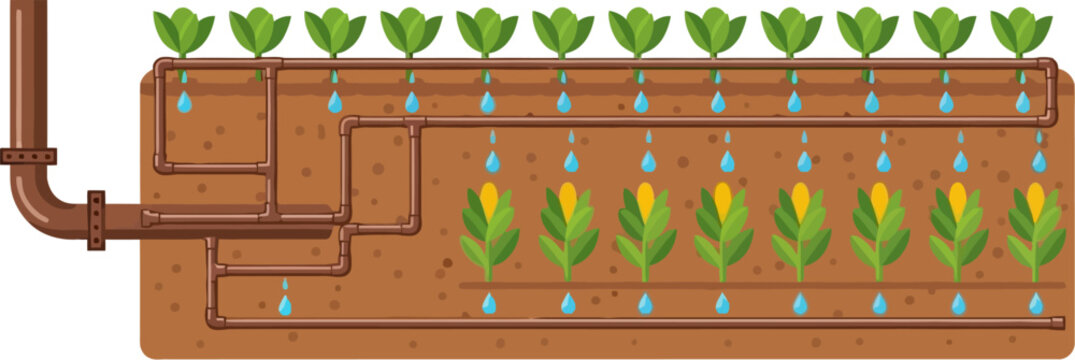Illustration of a modern drip irrigation system watering rows of young plants and corn crops in fertile soil.
