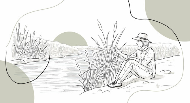 Fisherman Enjoying Nature by Riverbank with Reeds and Gentle Sunlight