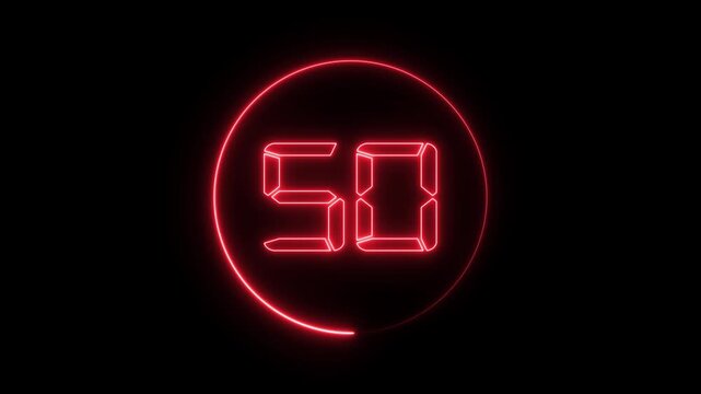 55 to 0 second modern digital countdown timer neon light style on black background. Circle countdown timer 55 sec animation.
