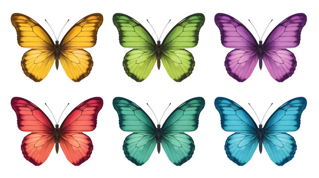 Six butterflies in different colors: orange, green, purple, red, teal, and blue, arranged in two rows of three against a transparent background.