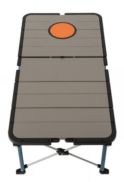 Gray portable folding cot with orange on