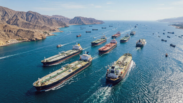 Dramatic aerial view of multiple oil tankers navigating through the Strait of Hormuz, a major global shipping route in the Middle East