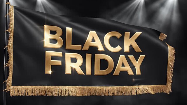 Elegant black flag with gold lettering announcing Black Friday