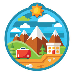 Fototapeta premium Flat Design Mountain Landscape with Suitcase and House