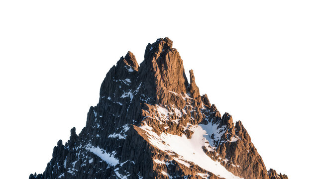 Jagged rocky mountain peak with patches of snow and textured brown rock face, isolated on transparent background for travel designs