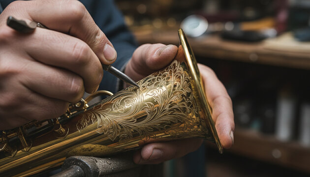 Artisan hand engraving floral scrollwork on golden brass saxophone bell