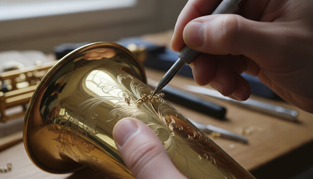 Artisan hand engraving floral scrollwork on golden brass saxophone bell