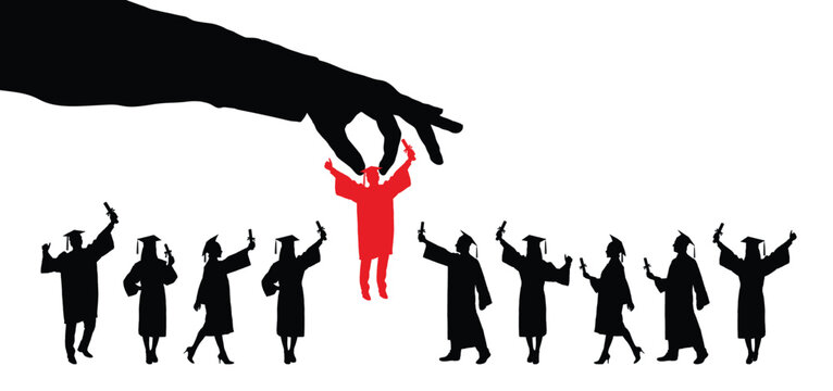Giant hand picked up a fresh graduate man wearing graduation cap and gown in red color silhouette from group of graduate students crowd black silhouettes flat vector illustration.