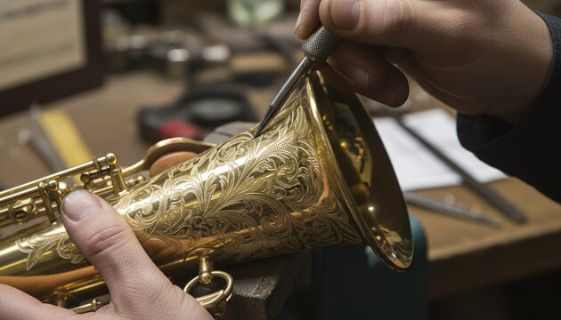 Artisan hand engraving floral scrollwork on golden brass saxophone bell