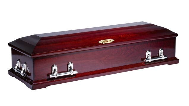 Polished dark mahogany coffin with ornate brass handles and a gleaming lid, isolated on transparent background for funeral service design elements
