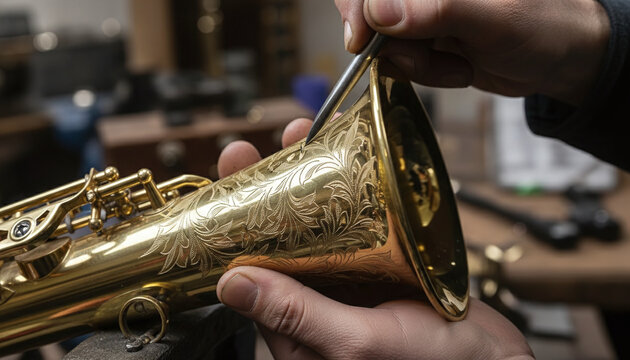 Artisan hand engraving floral scrollwork on golden brass saxophone bell
