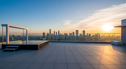 Obraz premium Modern rooftop terrace with infinity pool overlooking a sprawling city skyline at sunset with warm golden light reflecting on buildings