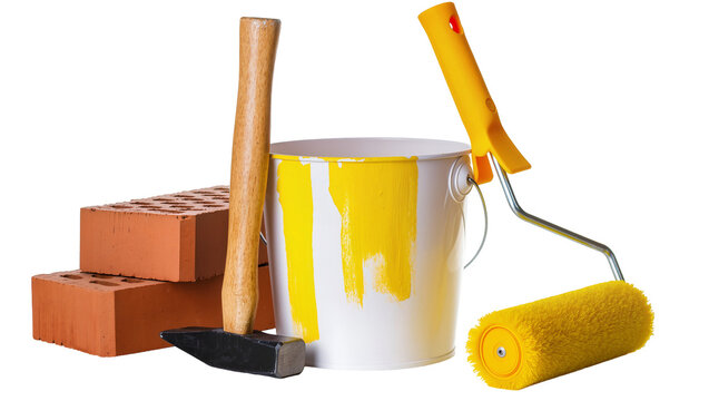 Bright yellow paint bucket with attached handle and brush alongside a brick hammer and roller, isolated on transparent background for construction themes
