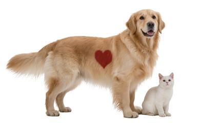 Obraz premium Golden retriever standing proudly with a vibrant red heart shape on its side alongside a fluffy grey kitten, isolated on transparent background for pet adoption