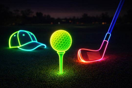 Neon golf elements with glowing ball club and cap on dark background