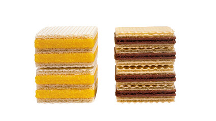 Fototapeta premium Stacked golden lemon cream wafer rolls and dark chocolate hazelnut filled wafer rolls, isolated on transparent background for dessert advertising and packaging design