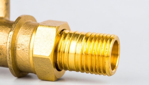Close-up photograph showcasing a golden-colored metal fitting with hexagonal nut and threaded end. Details show textures and shiny surface