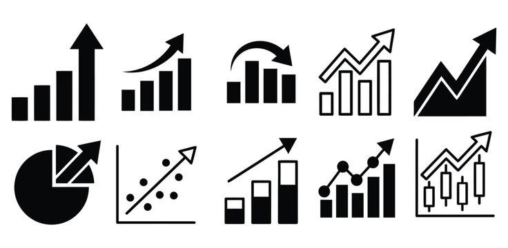 Collection of black business growth and data analysis icons
