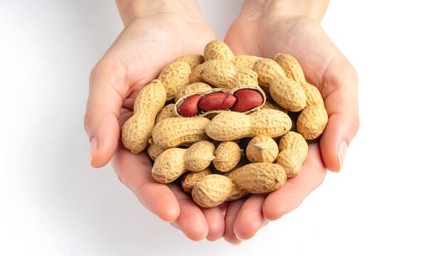 Close-up of open hands cradling a pile of unshelled peanuts, one split open to reveal the red-brown kernels inside
