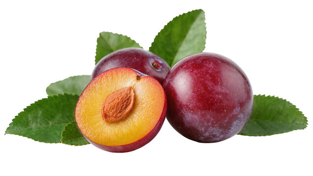 Ripe juicy purple plums with vibrant green leaves halved to reveal a brown pit, isolated on transparent background for healthy eating concepts
