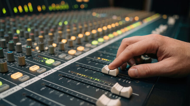 Music producer adjusting audio levels on a professional mixing console with colorful LED lights and various faders and knobs in a recording studio environment