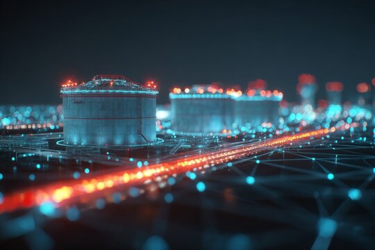 Engineering marvels: the magnitude of lng terminals. Digital intelligence. Exploring the vividness of lng storage tanks in a modern setting. Technological mesh. Digital web.