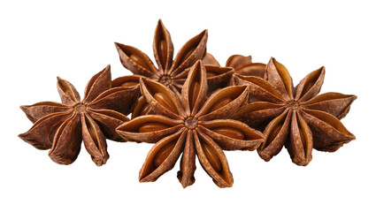 Fototapeta premium Cluster of dark brown star anise pods intricately detailed and textured, isolated on transparent background for culinary branding and spice designs