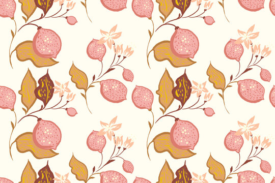Seamless pattern with stylized citrus branches, pink lemons and leaves in soft pastel tones on a light beige background. Decorative botanical design for textiles, packaging and branding