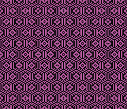Traditional Japanese Kikkou (tortoise shell) pattern with stylized sakura flowers. A vibrant, seamless graphic design suitable for textiles, apparel, fashion prints, wallpaper, and decorative.