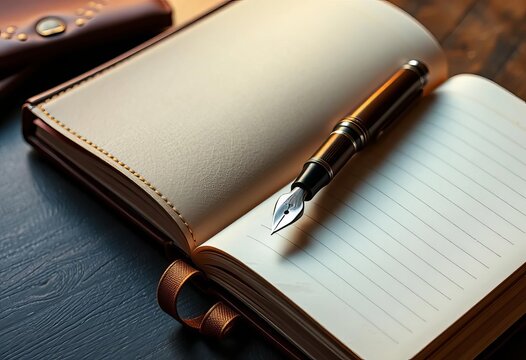 Elegant fountain pen rests on open leather journal, blank pages,  luxury,   journaling