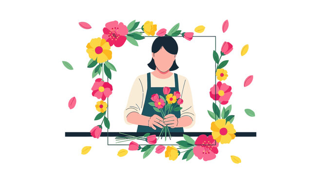 Florist Woman Arranging Flowers in Floral Frame, Creative Business Concept