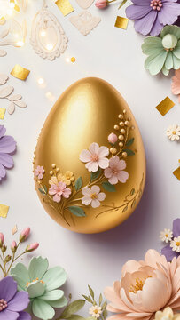 Elegant golden Easter egg illustration with delicate floral ornaments, luxurious decorative style, refined details, festive spring theme, isolated clean design for premium holiday visuals.