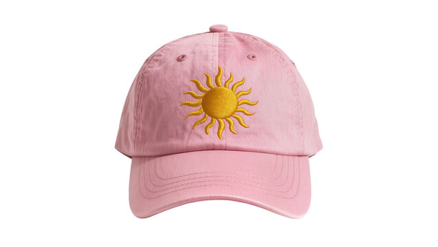 Soft pink corduroy baseball cap with embroidered golden sun rays, isolated on transparent background for apparel mockups and fashion designs