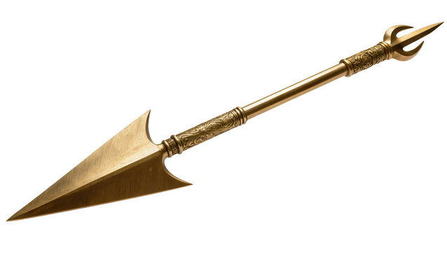 Ornate golden spearhead with intricate carvings and a long polished wooden shaft, isolated on transparent background for fantasy game assets
