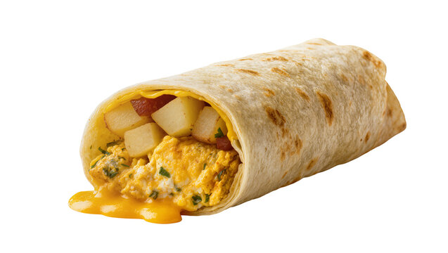 Hearty breakfast burrito filled with scrambled eggs diced potatoes and melted cheese, isolated on transparent background for menu designs
