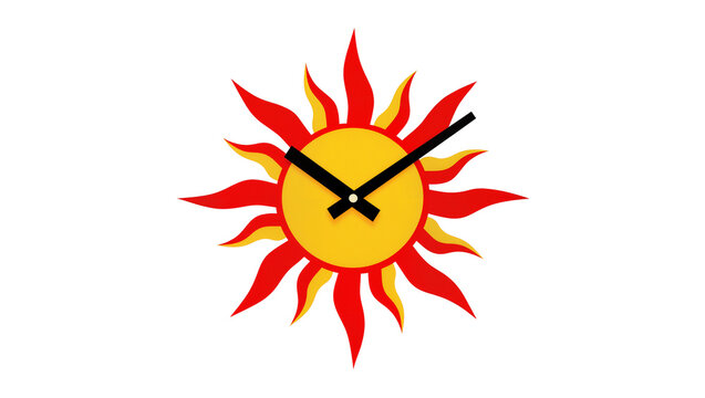 Stylized golden sunburst clock face with black hands pointing to three o clock, isolated on transparent background for time-related designs