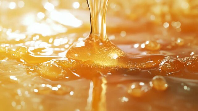 A close-up shot of golden liquid, possibly honey, dripping with a bokeh effect in the background