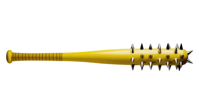 Bright yellow baseball bat with textured grip studded with silver metal spikes along the barrel, isolated on transparent background for sports themes