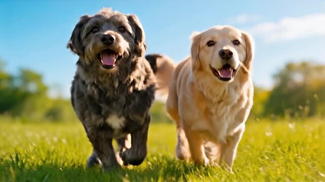 Two dogs, one grey and one golden, running in a sunny green field, suitable for pet care, outdoor lifestyle, animal advertising, and nature themes.