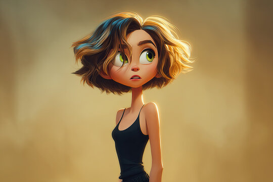 Cartoon girl portrait with big expressive eyes and warm golden glow for character poster background and social media design