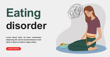 Obraz premium Horizontal banner with sad young woman measuring her waist. Concept of eating disorder and body image issues. 