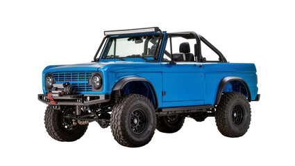 Customized blue 1970s Ford Bronco with oversized off-road tires a light bar and black roll cage, isolated on transparent background for automotive design © Carmen