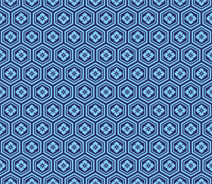 Seamless Japanese hexagon pattern with cherry blossom crests. Perfect for fabric prints, t-shirts, wallpaper, and kimono designs.
