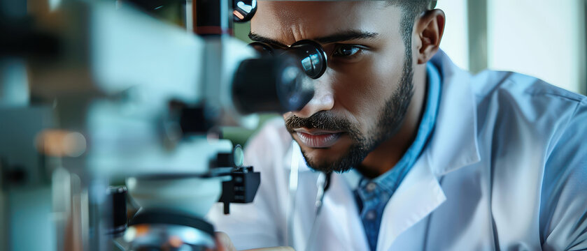 Professional ophthalmologist performing detailed eye examination using slit lamp microscope in modern clinic. Vision diagnostics and medical healthcare concept.